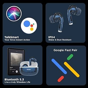 Bluetooth TWS Earbuds | Up to 60H Playtime | Dual Device Pairing | Fast Type-C Charging | Touch Controls | Deep Bass | Voice Assistant Support | IPX4 Sweat Resistant | True Wireless (Blue)