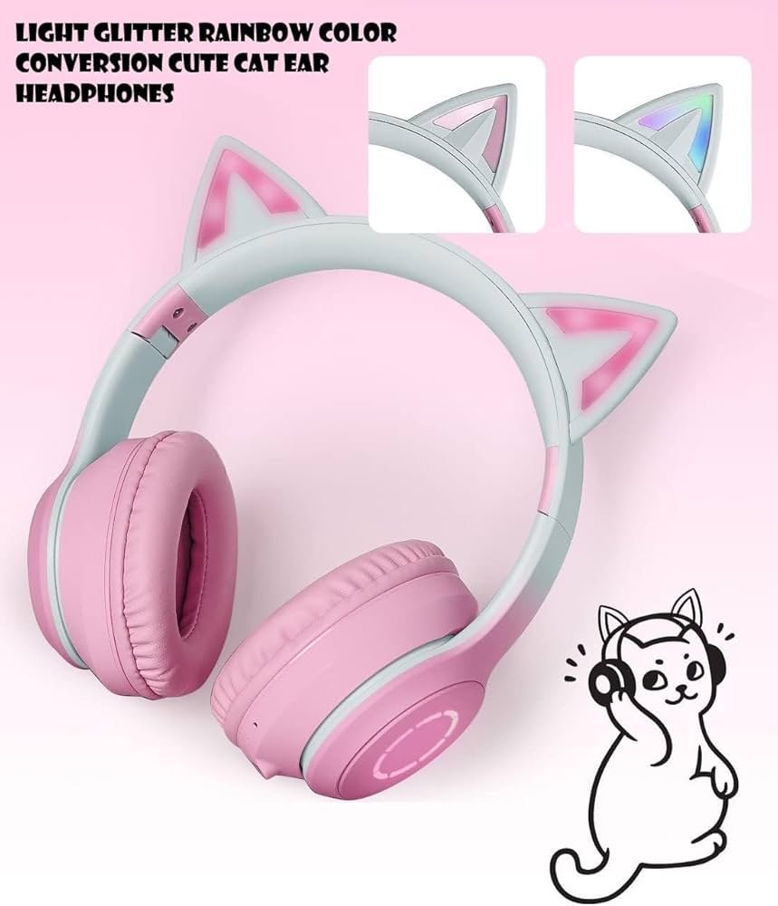 Kids Cat Ear Bluetooth Headphones with LED Lights – Foldable Over-Ear, HD Sound & Mic (Pink with Mic)