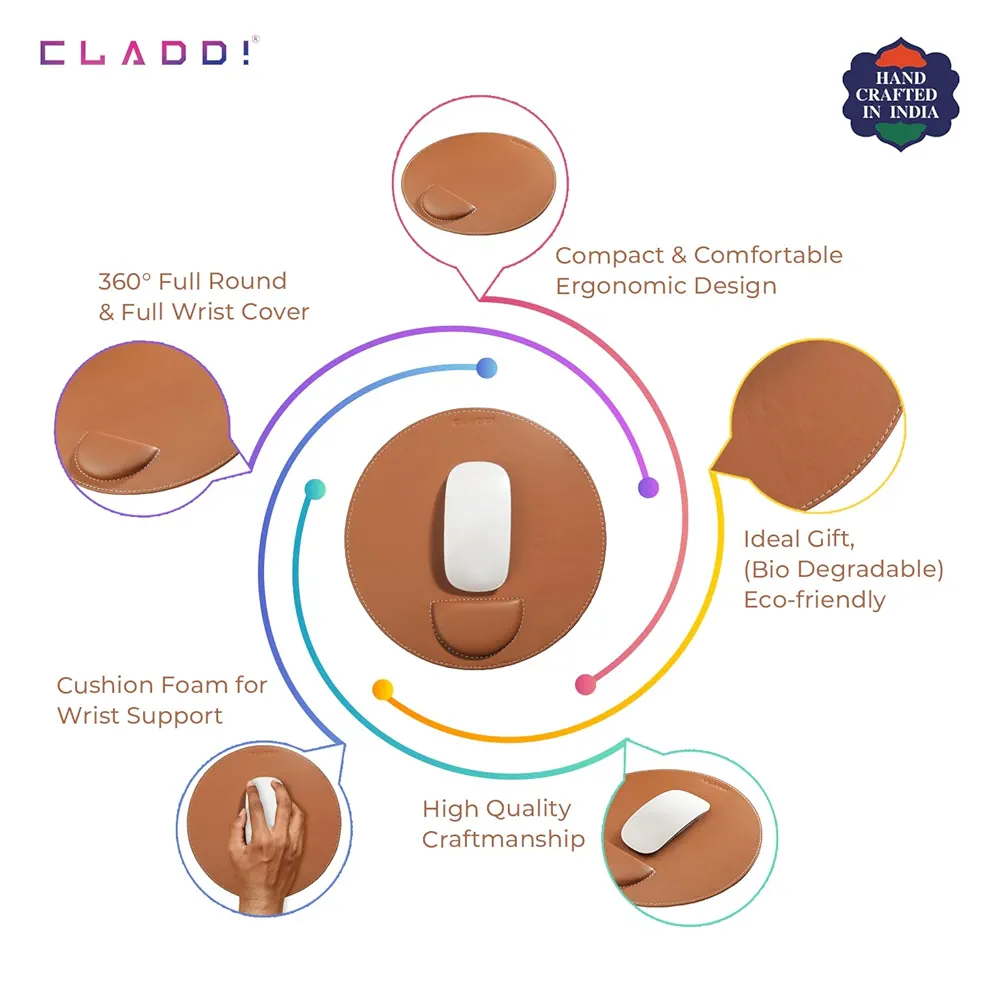Tan Circle Vegan Leather Mouse Pad 20.5cm – Anti-Scratch & Water-Resistant Desk Mat
