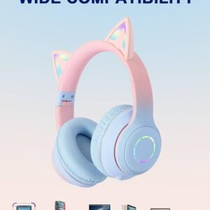 Pro Pink Blue Cat Ear Kids Bluetooth Headphones with LED Lights, HD Sound, 105dB Volume Limit, Foldable Over-Ear Wireless & Wired Headset for PC/Tablet/School