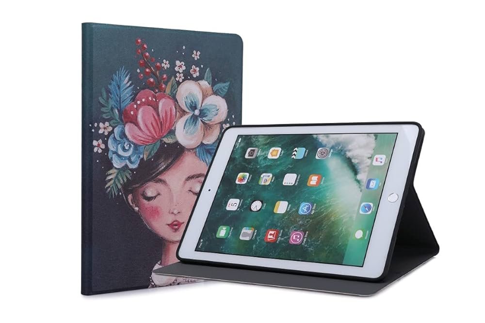 Smart Flip Case Cover for iPad 9.7 Inch (2018/2017, iPad Air 2, iPad Air) – Gouache Lady Design, Soft TPU
