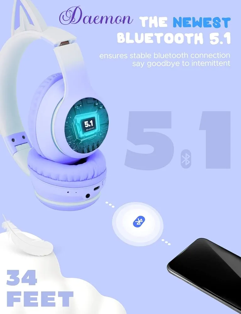 Kids Cat Ear Bluetooth Headphones with LED Lights – Foldable Over-Ear, HD Sound & Mic (Purple)