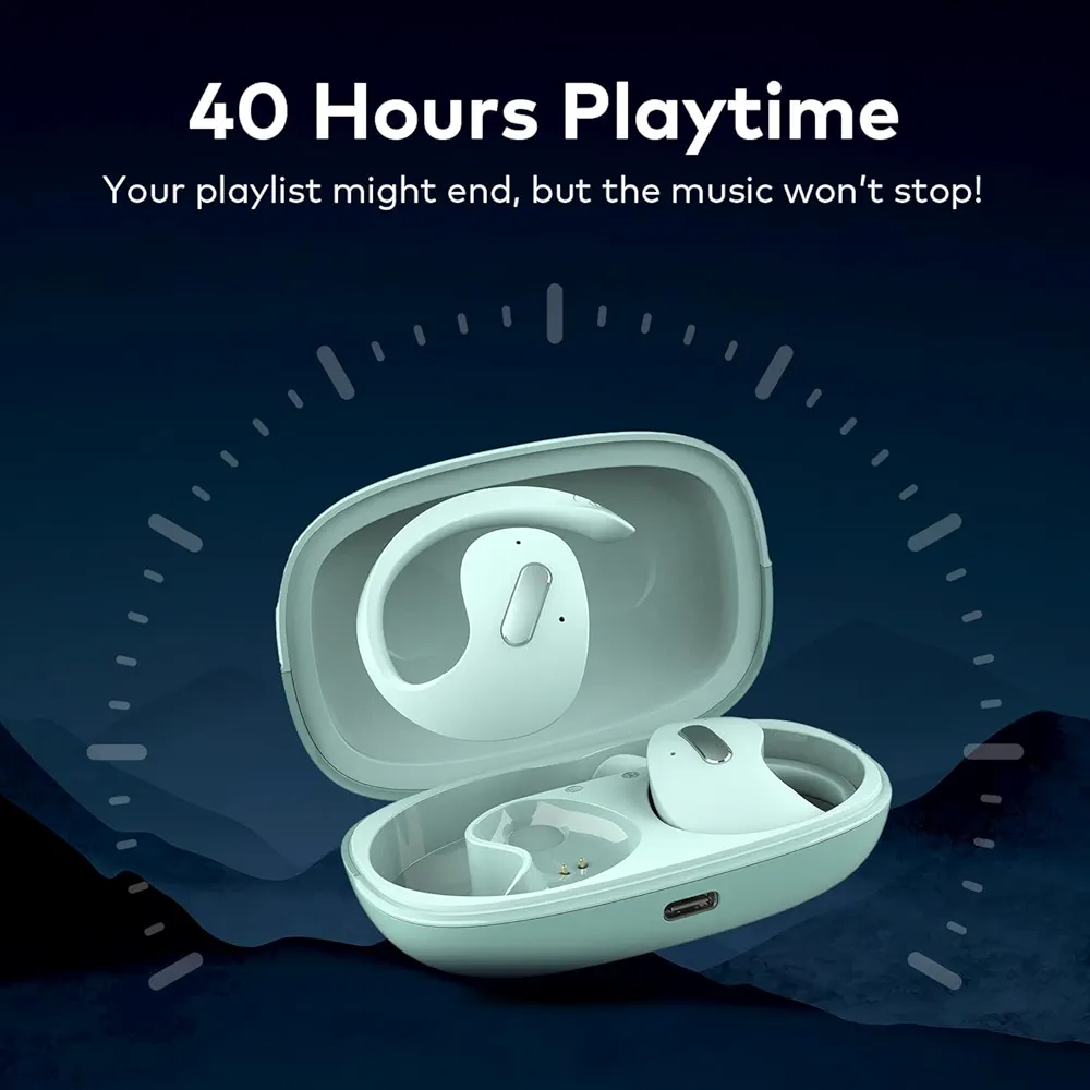 Open 100 Open-Ear Wireless Headphones – 16mm Drivers, 40H Playtime, Fast Charging, BT v5.3, IPX5 Water Resistant (Misty Aqua)