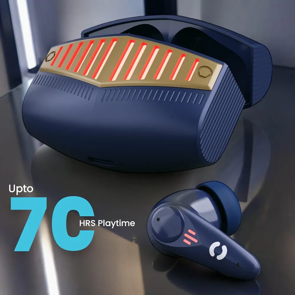 Gaming Earbuds XO7 with 35ms Low Latency, 13mm Bass Drivers, Quad Mic ENC, 70H Playtime & Bluetooth v5.4 (Blue & Gold, True Wireless)