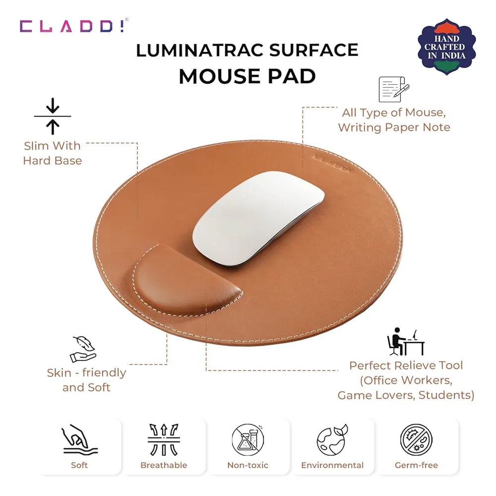 Tan Circle Vegan Leather Mouse Pad 20.5cm – Anti-Scratch & Water-Resistant Desk Mat