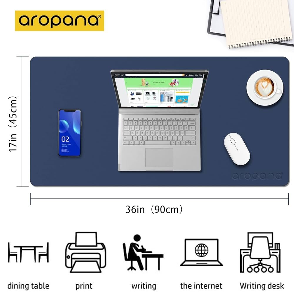 Blue and Yellow Faux Leather Desk Mat 90x45cm – Reversible Large Mouse Pad