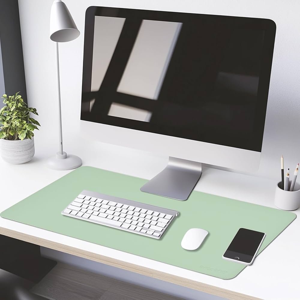 Light Green and Blue Faux Leather Desk Mat 90x45cm – Reversible Large Mouse Pad