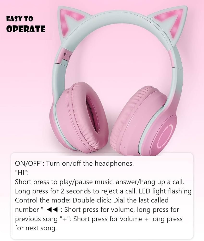 Kids Cat Ear Bluetooth Headphones with LED Lights – Foldable Over-Ear, HD Sound & Mic (Pink with Mic)