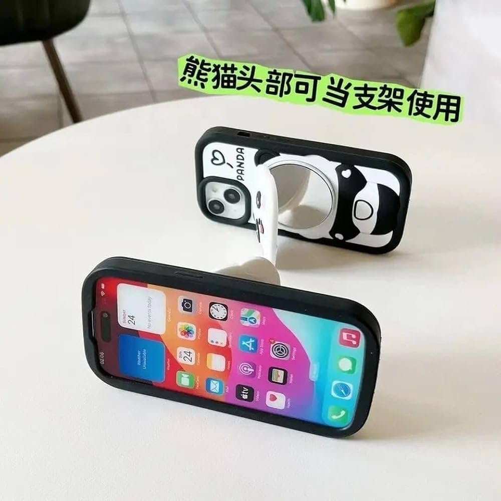 Cute 3D Panda Design Silicone Protective Back Cover Case for iPhone 15 – Shockproof Cartoon Case for Girls, Kids & Men, Black
