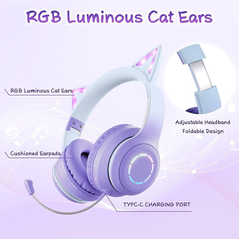 Kids Cat Ear Bluetooth Headphones with LED Lights – Foldable Over-Ear, HD Sound & Mic (Pro Purple)