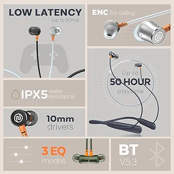 Bluetooth In-Ear Neckband Headphones | 50H Playtime | 3 EQ Modes | ENC for Clear Calling | Low Latency (≤50ms) | 10mm Driver | BT v5.3 | Ice Blue-Airwave