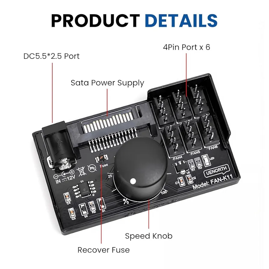 Multi-Fan Controller Hub with Speed Adjustment Knob | Supports 6 PWM Fans | SATA & DC 12V Input | Black Silicone Build