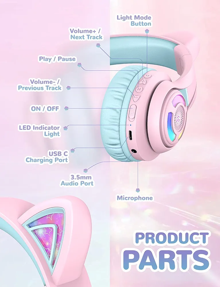iClever BTH13 Bluetooth Kids Headphones | Cat Ear Wireless Over-Ear Headphones | Safe Volume Limited | 45H Playtime | Built-In Mic | Portable Headset for Tablet/PC, Pink