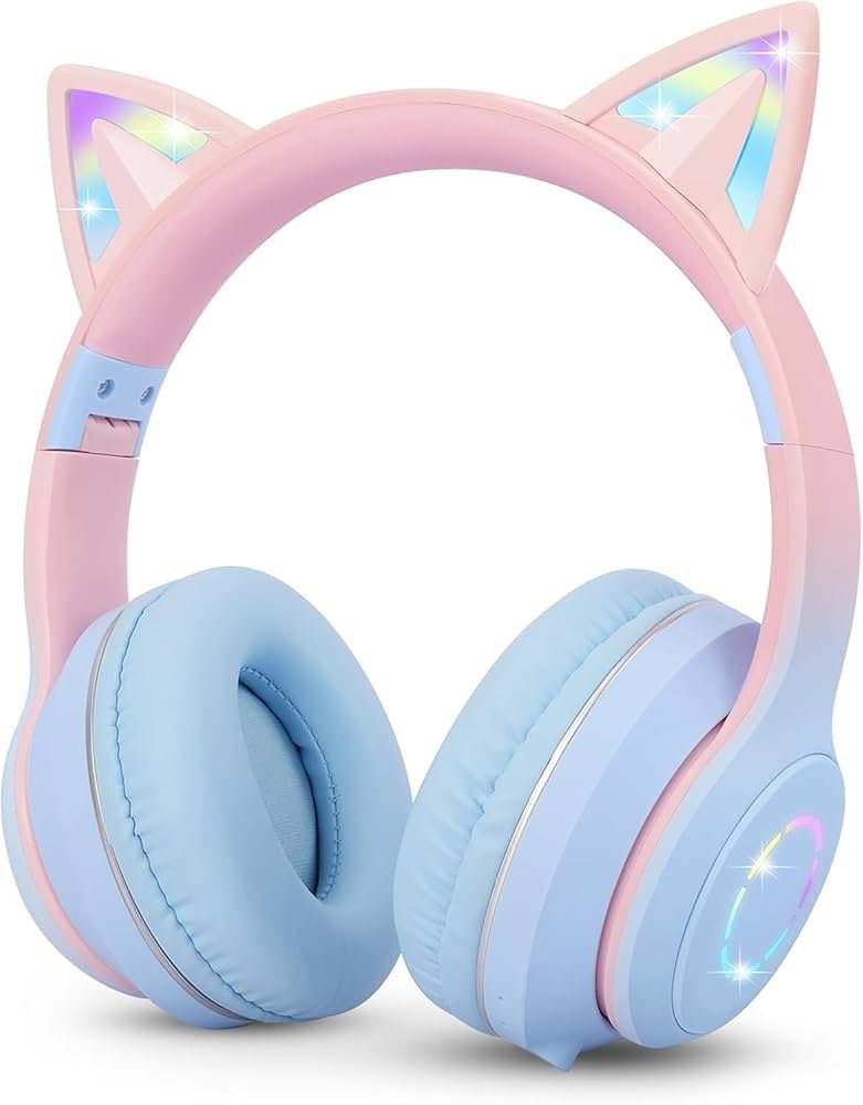 Pro Pink Blue Cat Ear Kids Bluetooth Headphones with LED Lights, HD Sound, 105dB Volume Limit, Foldable Over-Ear Wireless & Wired Headset for PC/Tablet/School
