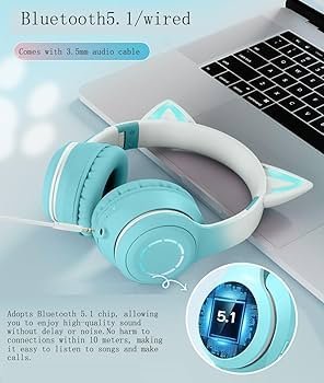 Kids Cat Ear Bluetooth Headphones with LED Lights – Foldable Over-Ear, HD Sound & Mic (Blue)