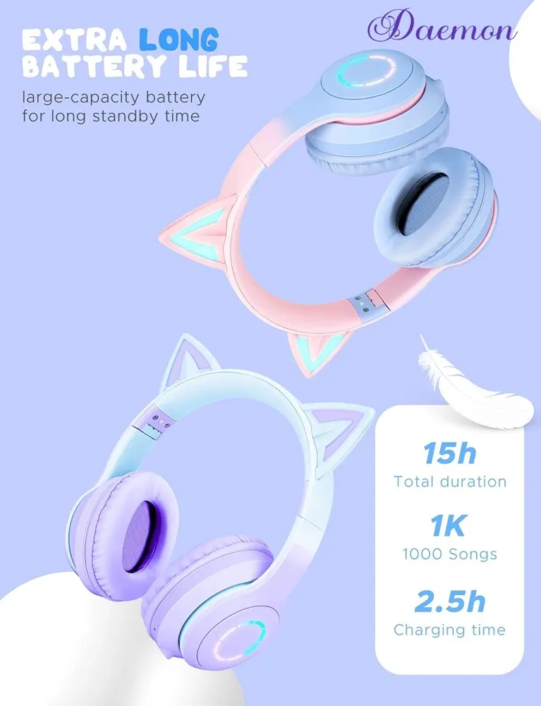 Kids Cat Ear Bluetooth Headphones with LED Lights – Foldable Over-Ear, HD Sound & Mic (Purple)