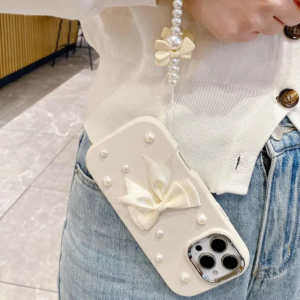 Pearl Bow Silicone Case for iPhone 16 Plus – Beige