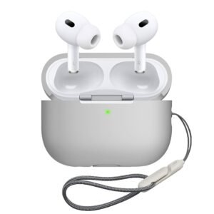 Silicone Protective Case for AirPods Pro 2 with Antilost Lanyard & Carabiner – Shockproof Full Protection Cover (Light Grey)