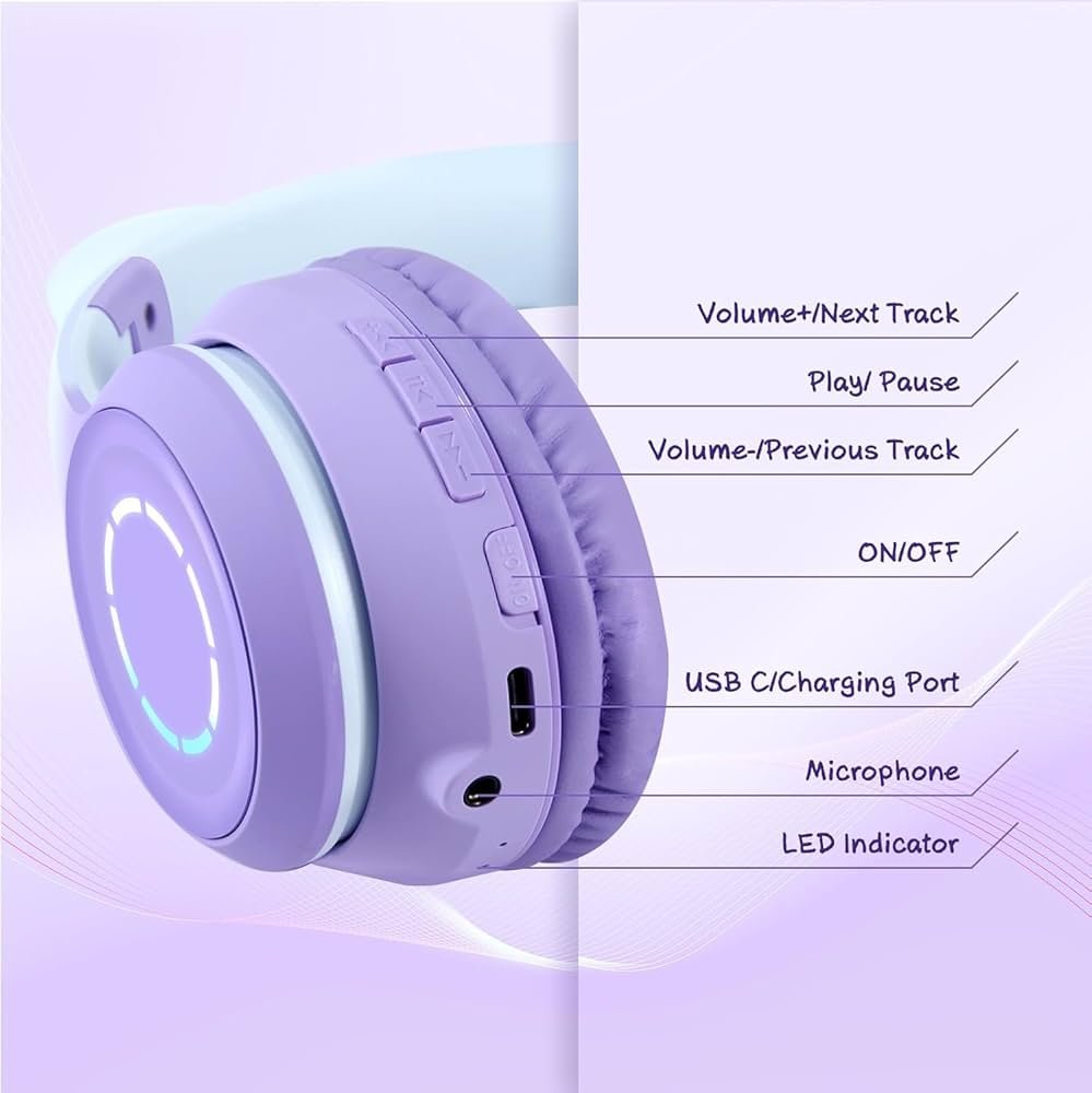 Kids Cat Ear Bluetooth Headphones with LED Lights – Foldable Over-Ear, HD Sound & Mic (Pro Purple)