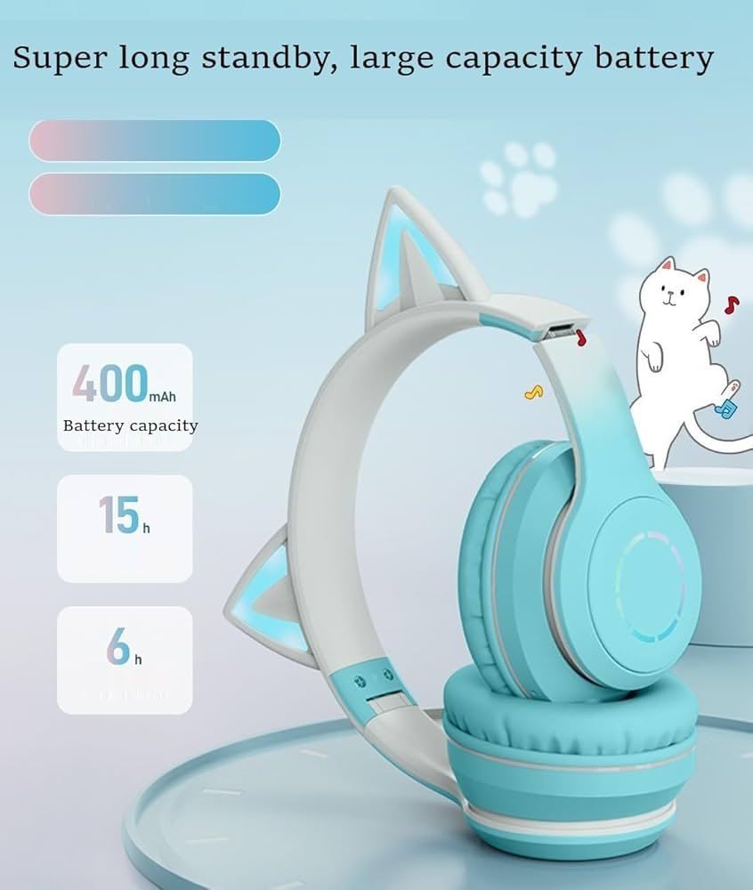 Kids Cat Ear Bluetooth Headphones with LED Lights – Foldable Over-Ear, HD Sound & Mic (Blue)