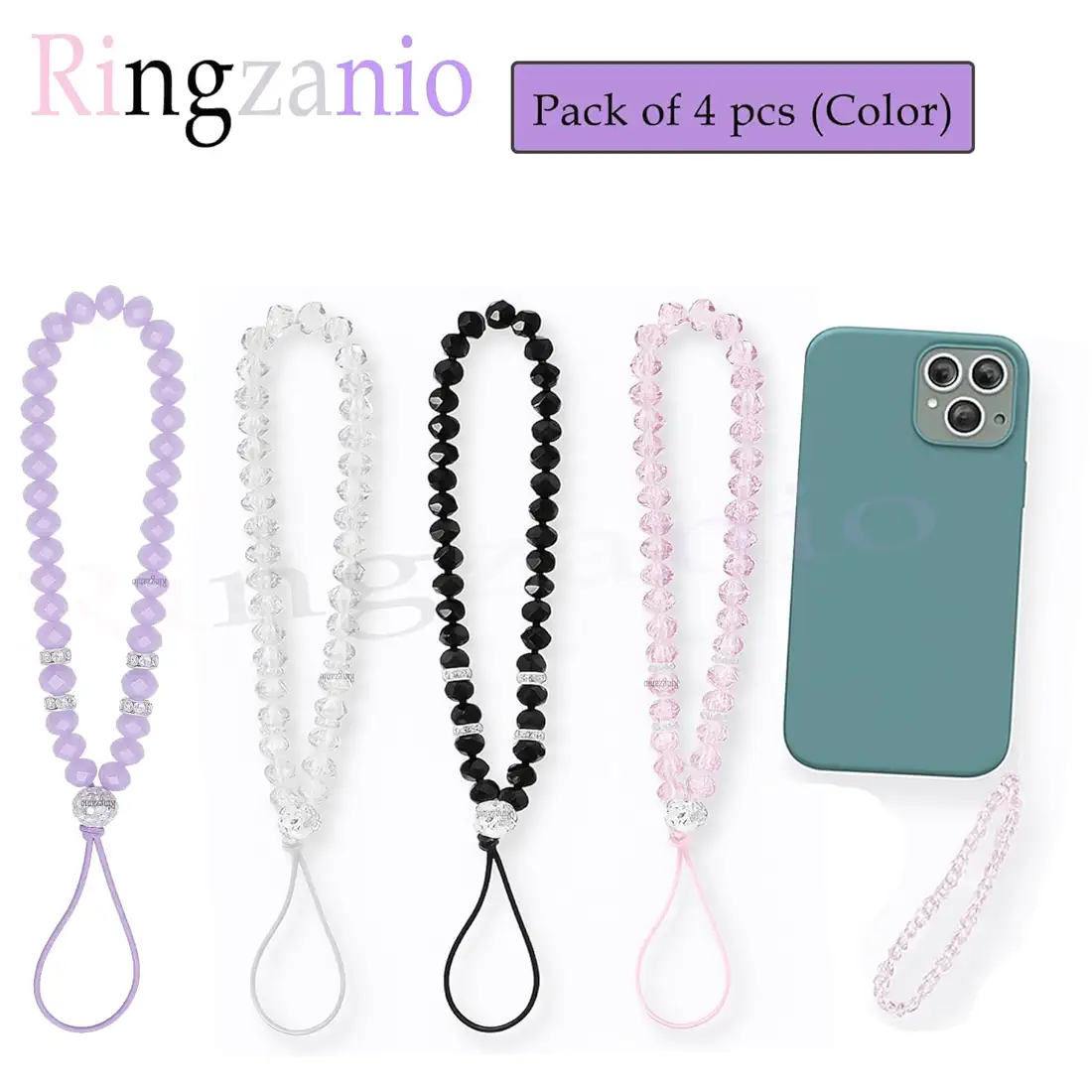 Phone Charm/Phone Strap – Pack of 4 Crystal Beaded Straps (Lavender, White, Black, Pink)