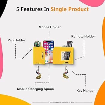 5-in-1 Wall Mount Mobile & Remote Holder – Multi-Purpose Storage Rack with Key, Pen, and Accessory Organizer, Self-Adhesive, Heavy Duty (Orange)