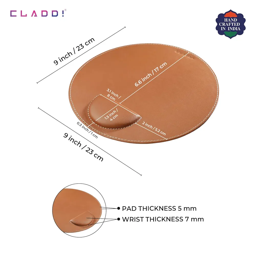 Tan Circle Vegan Leather Mouse Pad 20.5cm – Anti-Scratch & Water-Resistant Desk Mat