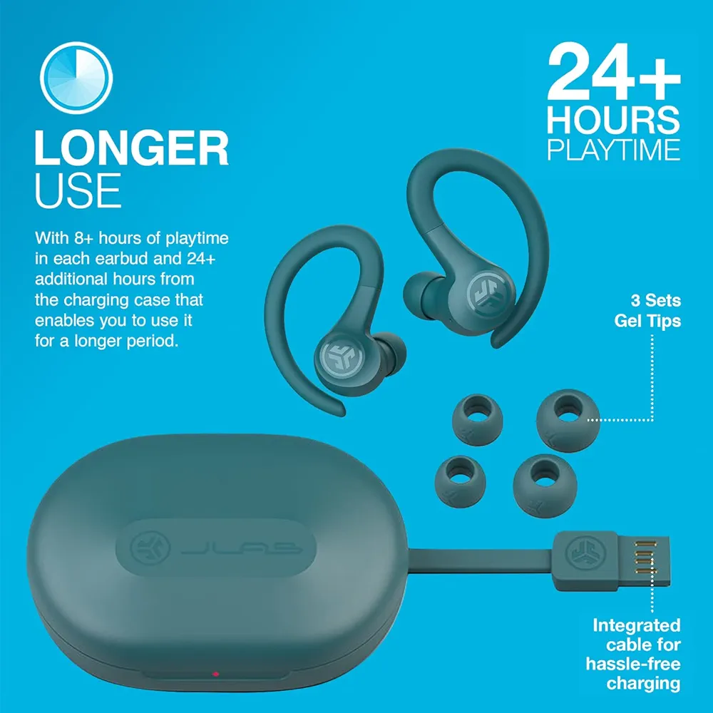 Go Air Sport True Wireless Earbuds – 32+ Hour Playtime, C3 Clear Calling, EQ3 Sound, IP55 Sweatproof, Secure Fit with Ear Hooks (Teal)