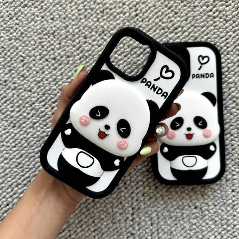 Cute 3D Panda Design Silicone Protective Back Cover Case for iPhone 15 – Shockproof Cartoon Case for Girls, Kids & Men, Black