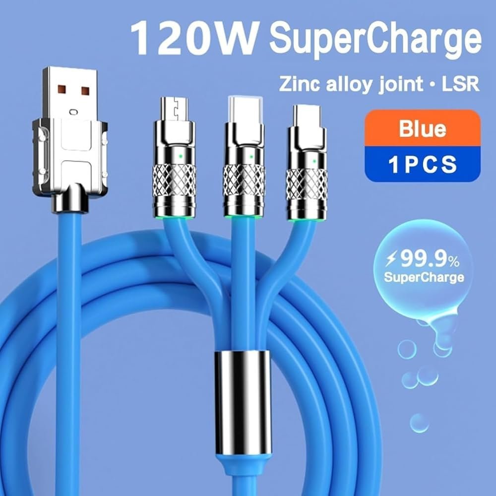 3 in 1 Fast Charging Cable, Transferring Data, 3.1 Ft, Braided Cable120W
