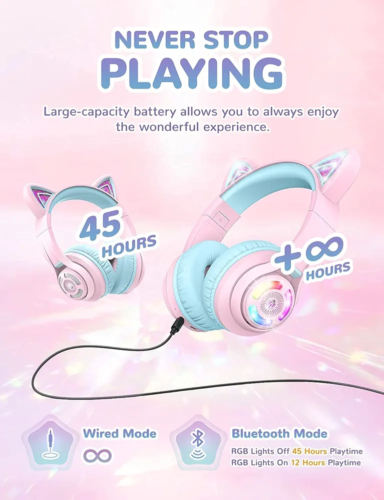 iClever BTH13 Bluetooth Kids Headphones | Cat Ear Wireless Over-Ear Headphones | Safe Volume Limited | 45H Playtime | Built-In Mic | Portable Headset for Tablet/PC, Pink