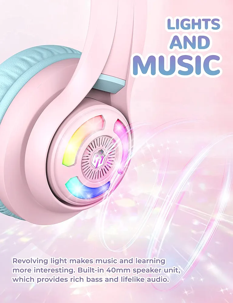 iClever BTH13 Bluetooth Kids Headphones | Cat Ear Wireless Over-Ear Headphones | Safe Volume Limited | 45H Playtime | Built-In Mic | Portable Headset for Tablet/PC, Pink