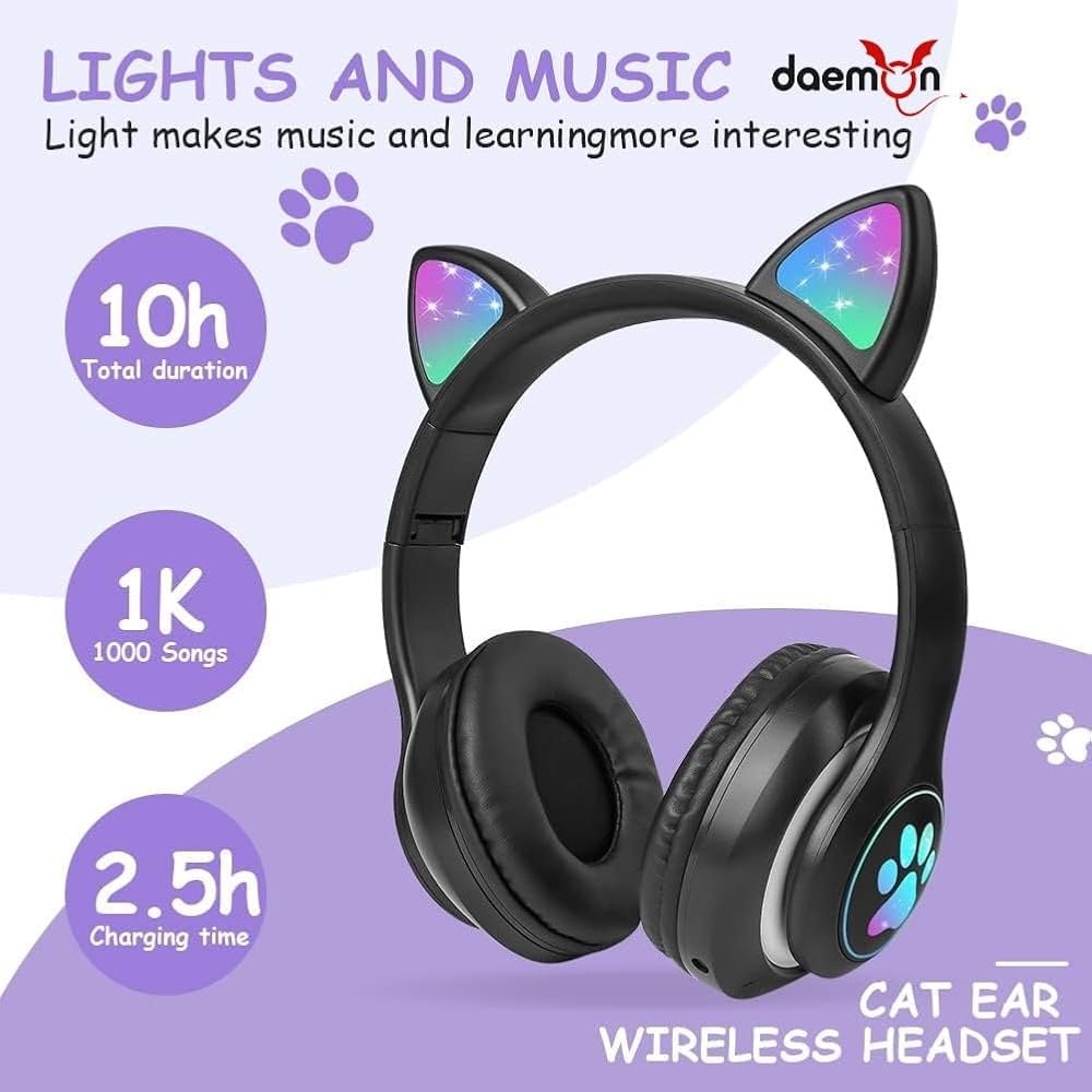 Kids Cat Ear Bluetooth Headphones with LED Lights – Foldable Over-Ear, HD Sound & Mic (Black)
