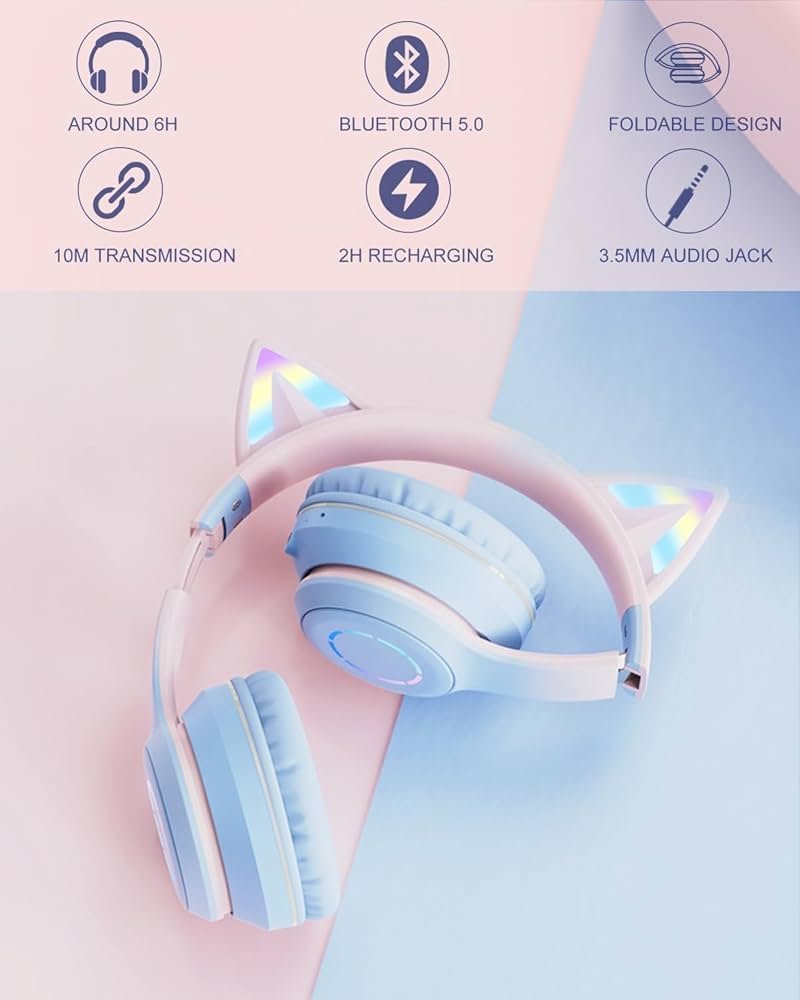 Pro Pink Blue Cat Ear Kids Bluetooth Headphones with LED Lights, HD Sound, 105dB Volume Limit, Foldable Over-Ear Wireless & Wired Headset for PC/Tablet/School