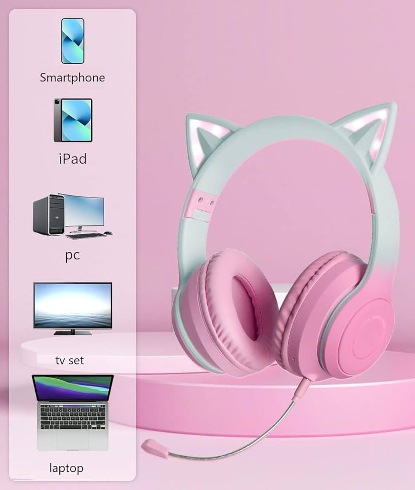 Kids Cat Ear Bluetooth Headphones with LED Lights – Foldable Over-Ear, HD Sound & Mic (Pink with Mic)