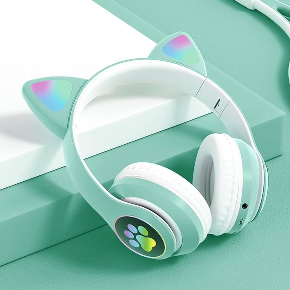 Green Cat Ear Kids Bluetooth Headphones with LED Lights, HD Sound, 105dB Volume Limit, Foldable Over-Ear Wireless & Wired Headset for PC/Tablet/School