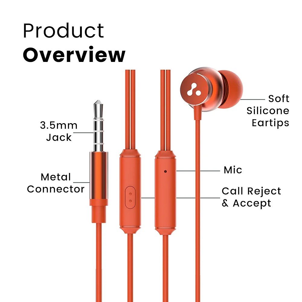 Stringz 38 Wired In-Ear Headphones with Mic, HD Sound & High Bass, 3.5mm Jack (Amber Orange)