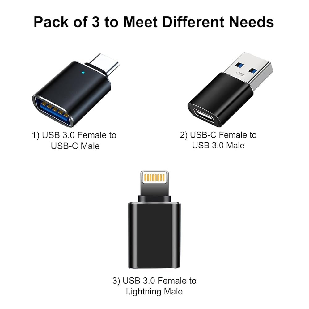 OTG Adapter 3 Pack – USB-A, USB-C & Lightning Converter for MacBook, iPad, Android & iOS Devices (Black)