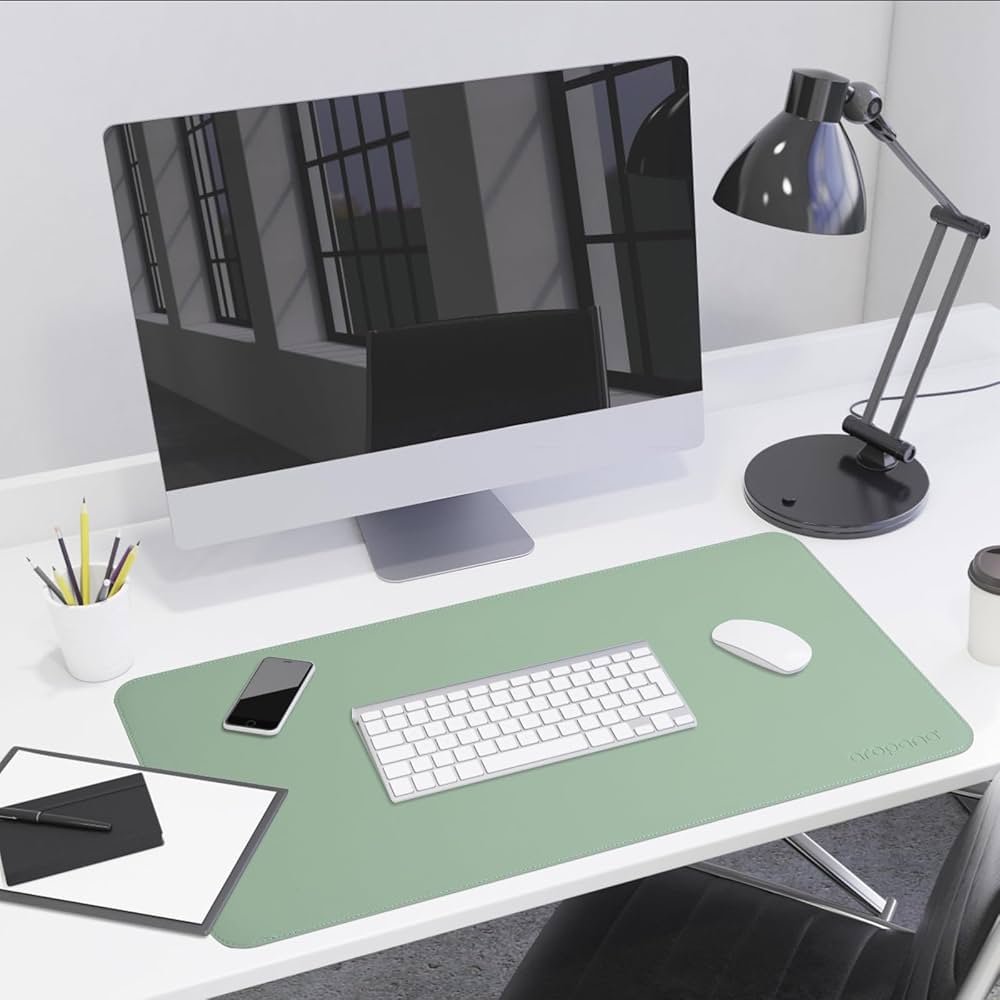 Light Green and Blue Faux Leather Desk Mat 90x45cm – Reversible Large Mouse Pad