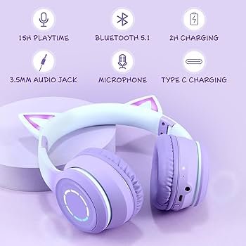 Kids Cat Ear Bluetooth Headphones with LED Lights – Foldable Over-Ear, HD Sound & Mic (Pro Purple)