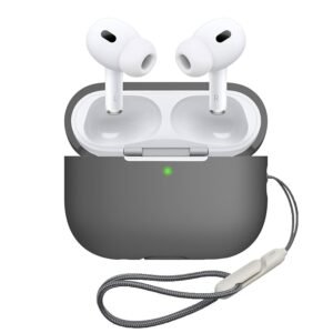 Silicone Protective Case for AirPods Pro 2 with Antilost Lanyard & Carabiner – Shockproof Full Protection Cover (Grey)