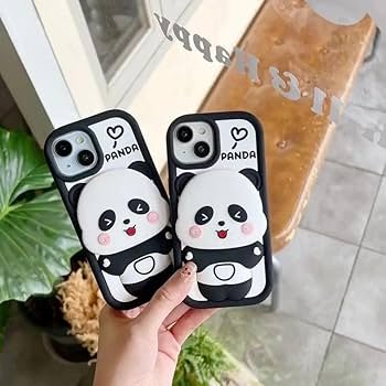 Cute 3D Panda Design Silicone Protective Back Cover Case for iPhone 15 – Shockproof Cartoon Case for Girls, Kids & Men, Black