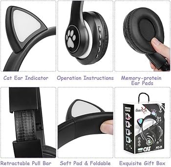 Kids Cat Ear Bluetooth Headphones with LED Lights – Foldable Over-Ear, HD Sound & Mic (Black)