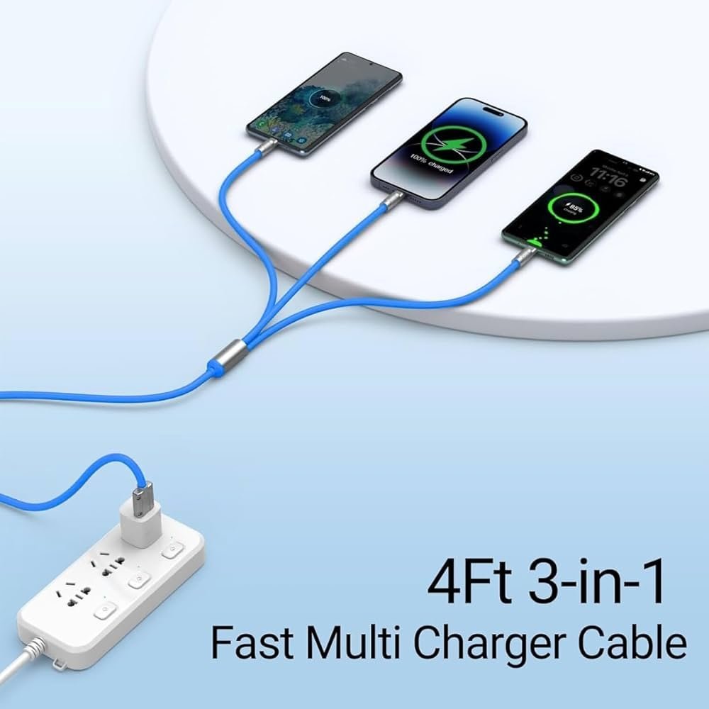 3 in 1 Fast Charging Cable, Transferring Data, 3.1 Ft, Braided Cable120W