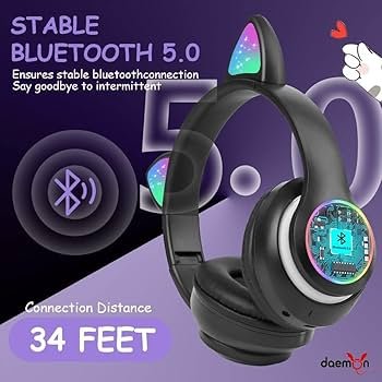 Kids Cat Ear Bluetooth Headphones with LED Lights – Foldable Over-Ear, HD Sound & Mic (Black)