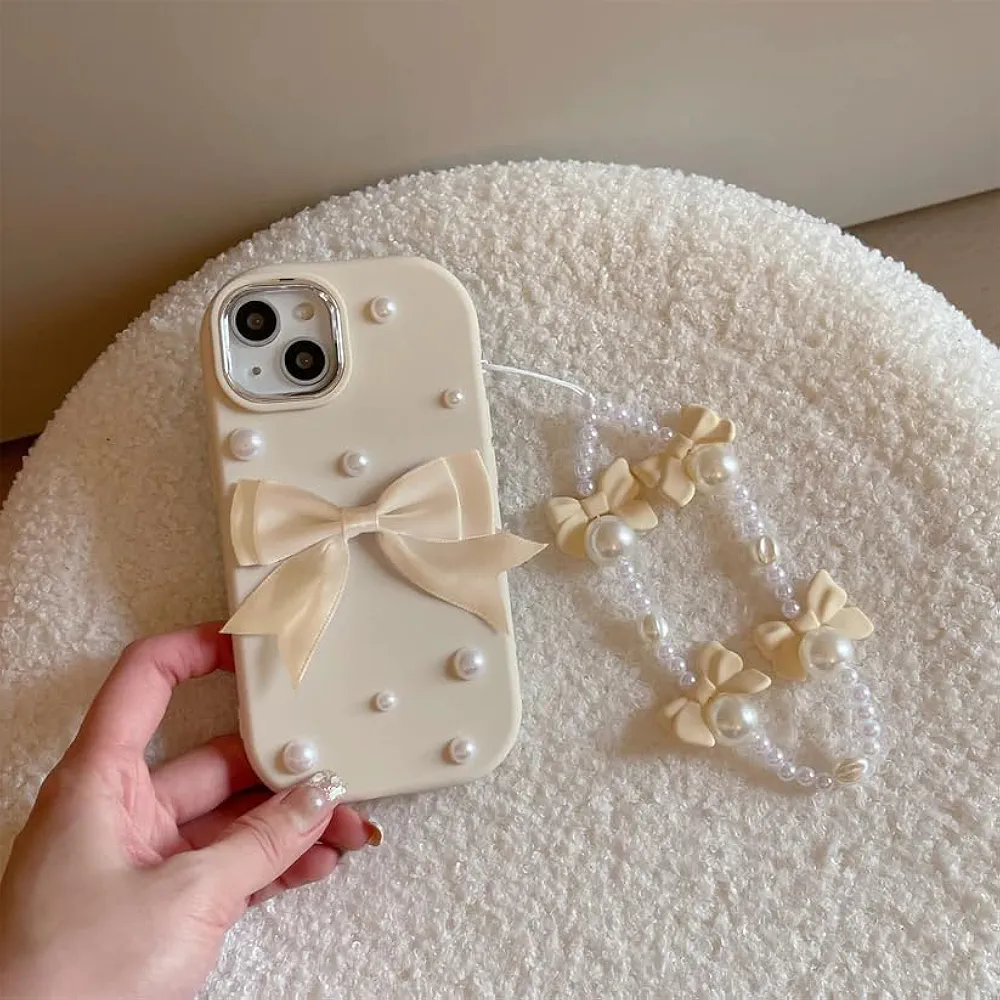 Pearl Bow Silicone Case for iPhone 16 Plus – Beige