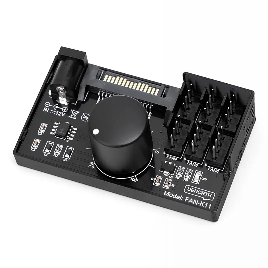 Multi-Fan Controller Hub with Speed Adjustment Knob | Supports 6 PWM Fans | SATA & DC 12V Input | Black Silicone Build