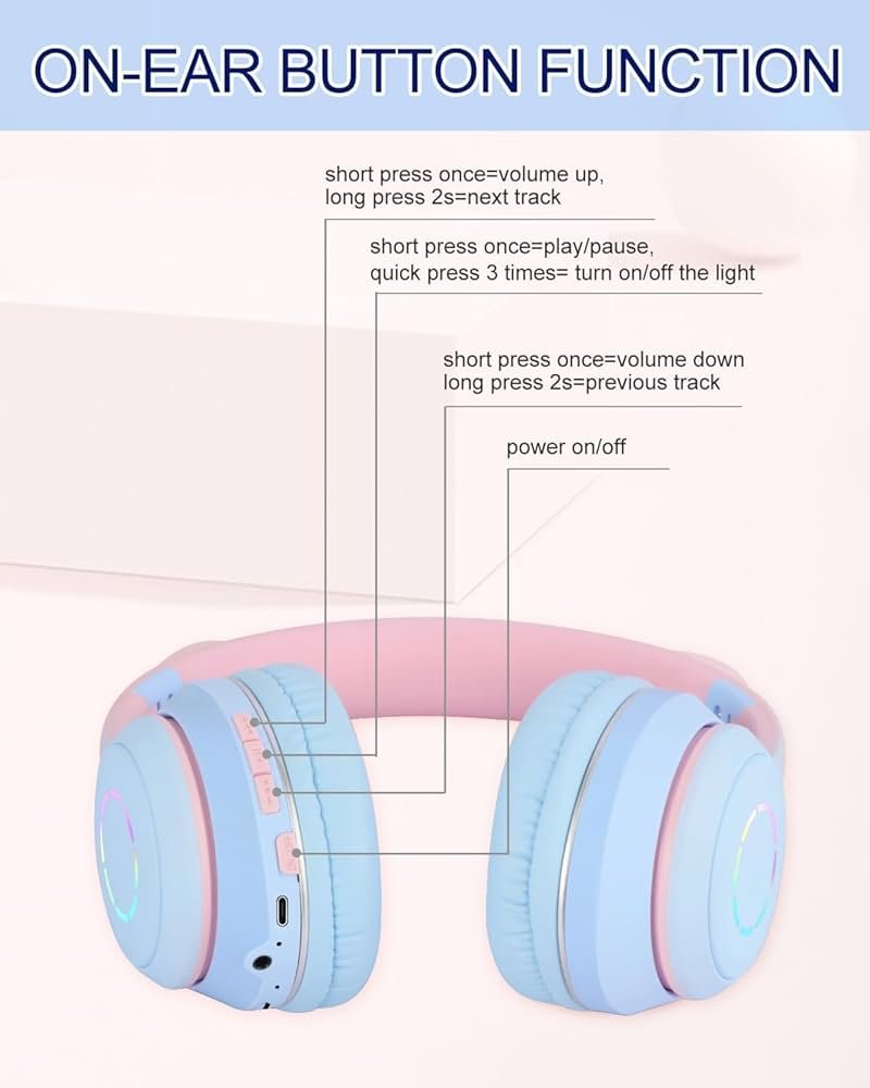 Pro Pink Blue Cat Ear Kids Bluetooth Headphones with LED Lights, HD Sound, 105dB Volume Limit, Foldable Over-Ear Wireless & Wired Headset for PC/Tablet/School