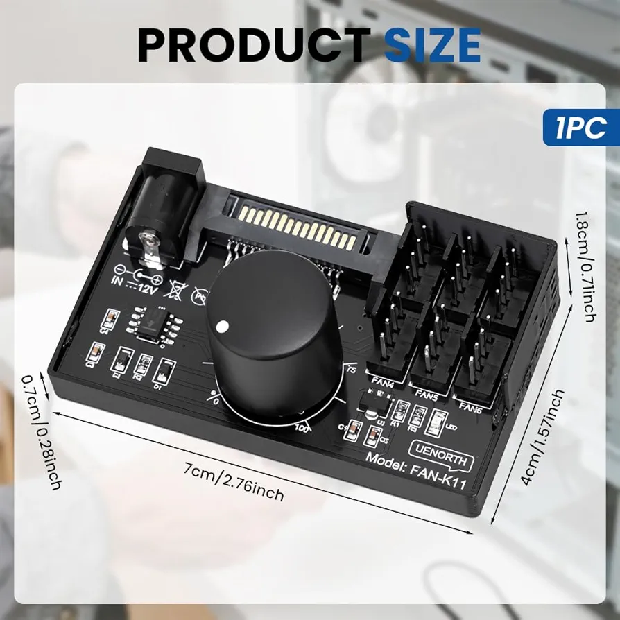 Multi-Fan Controller Hub with Speed Adjustment Knob | Supports 6 PWM Fans | SATA & DC 12V Input | Black Silicone Build