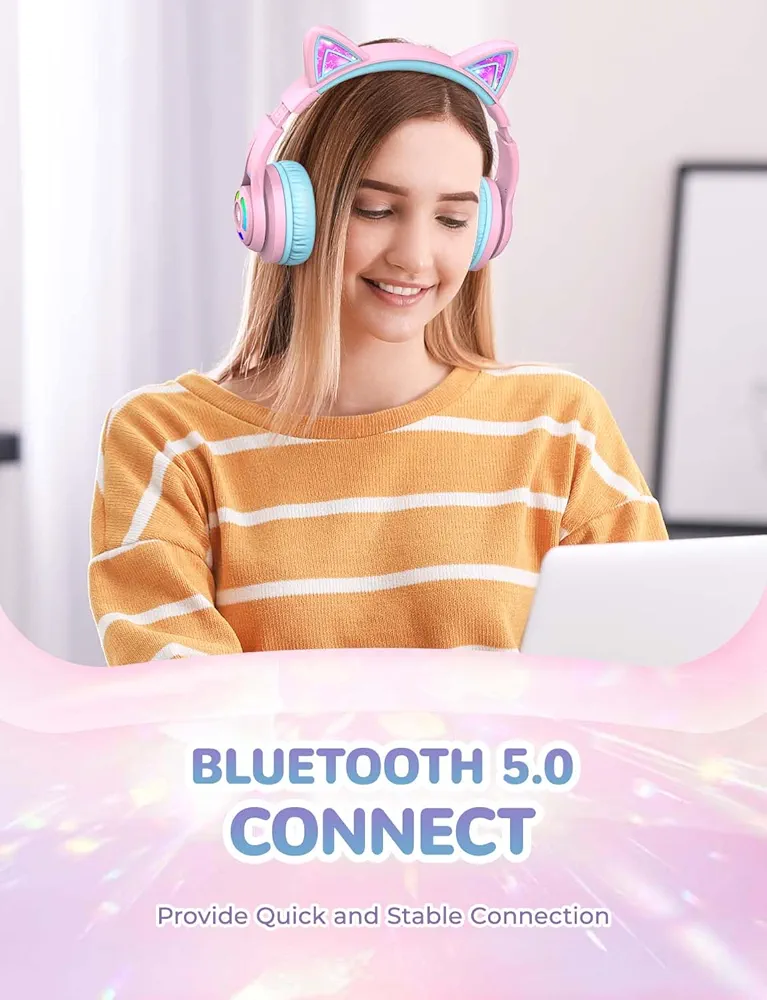 iClever BTH13 Bluetooth Kids Headphones | Cat Ear Wireless Over-Ear Headphones | Safe Volume Limited | 45H Playtime | Built-In Mic | Portable Headset for Tablet/PC, Pink